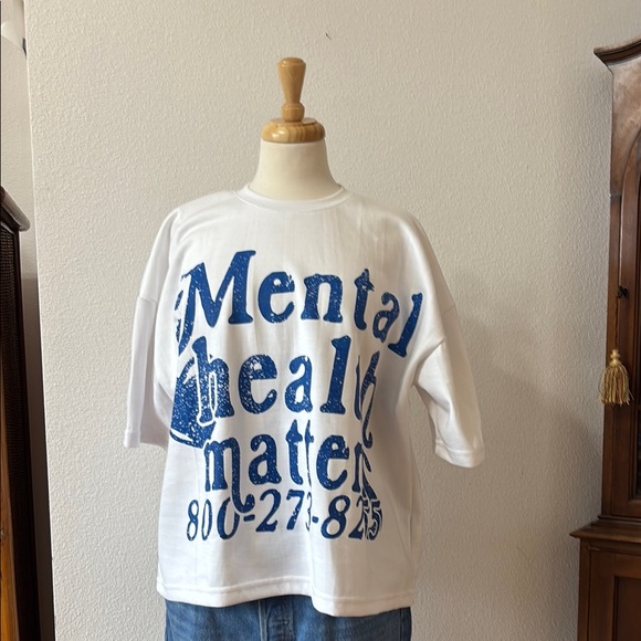 Euphoric Tops - White and Blue Short Sleeve Tee with Bold Graphic